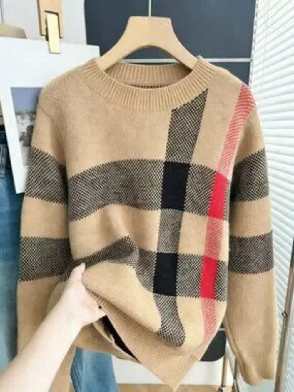 ZARA Brown Casual Women's Striped Loose Fit Long Sleeve Crew Neck Sweater